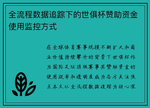 全流程数据追踪下的世俱杯赞助资金使用监控方式