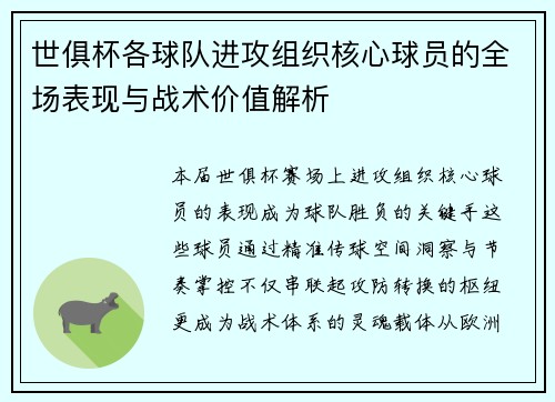 世俱杯各球队进攻组织核心球员的全场表现与战术价值解析