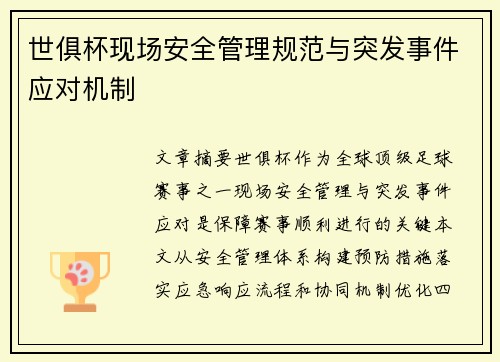 世俱杯现场安全管理规范与突发事件应对机制